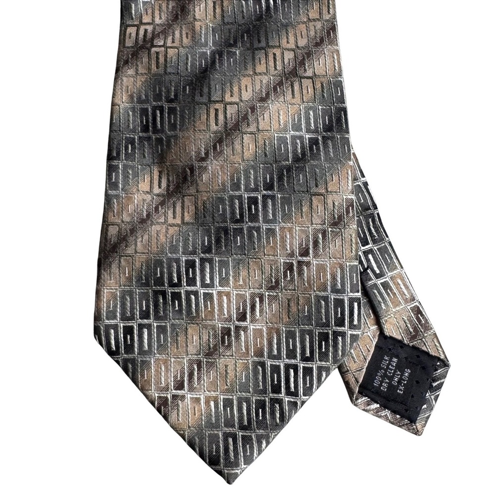 Campia Moda Mens Silk Tie Extra Long Geometric Grid Grey Taupe Bronze Hand Made‎ - Picture 3 of 7